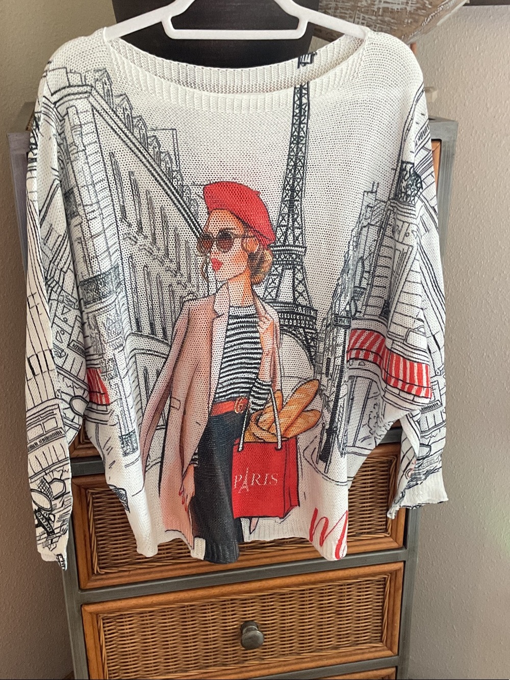 Paris Illustration Women's Knit Sweater - White with Red Accents
